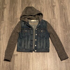 Rag & Bone - Medium Dark Wash Denim Jacket with Wool Sleeves & Hood - Size XS